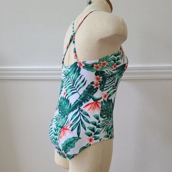IFFEI white green orange Tropical floral Swimsuit, adjustable straps L - Picture 2 of 6